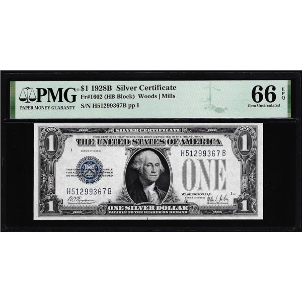 1928B $1 Funnyback Silver Certificate Note Fr.1602 PMG Gem Uncirculated 66EPQ