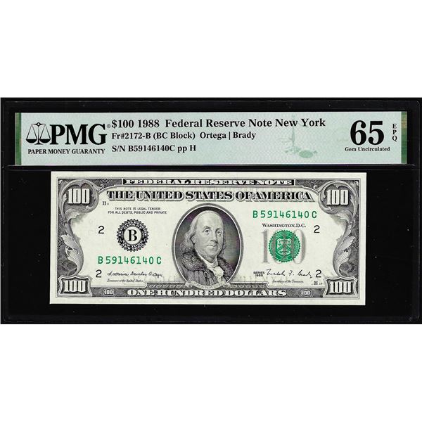 1988 $100 Federal Reserve Note New York Fr.2172-B PMG Gem Uncirculated 65EPQ