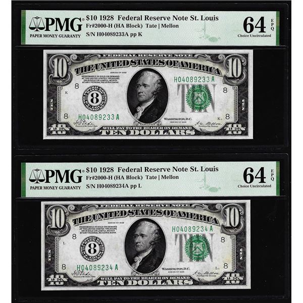 (2) Consecutive 1928 $10 Federal Reserve Notes Fr.2000-H PMG Choice Uncirculated 64EPQ