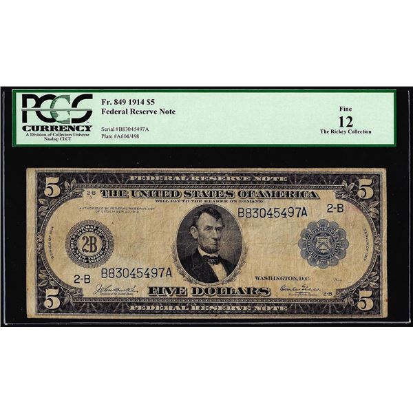 1914 $5 Federal Reserve Note New York Fr.849 PCGS Fine 12