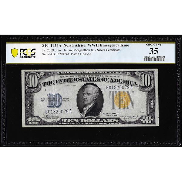 1934A $10 North Africa WWII Silver Certificate Note Fr.2309 PCGS Very Fine 35
