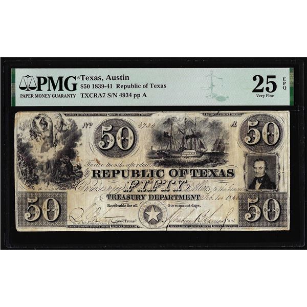 1840 $50 Republic of Texas Austin, TX Obsolete Bank Note TXCRA7 PMG Very Fine 25EPQ