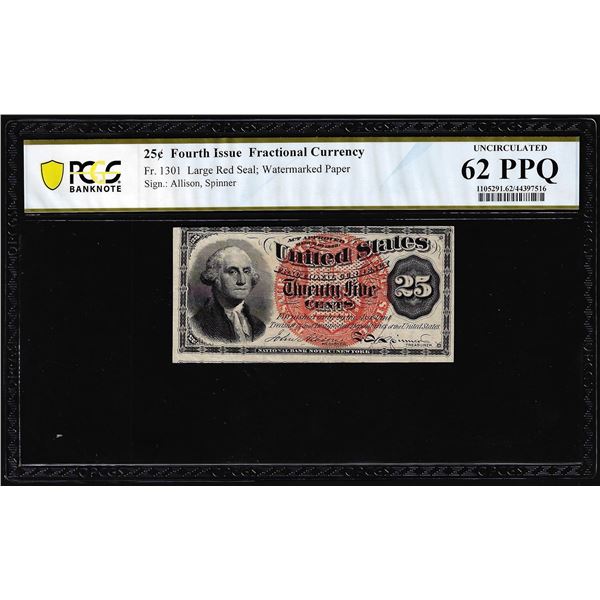 1863 Fourth Issue 25 Cents Fractional Currency Note Fr.1301 PCGS Uncirculated 62PPQ