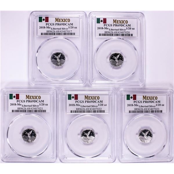 Lot of (5) 2018-Mo Mexico Proof 1/20 oz Silver Libertad Coin PCGS PR69DCAM
