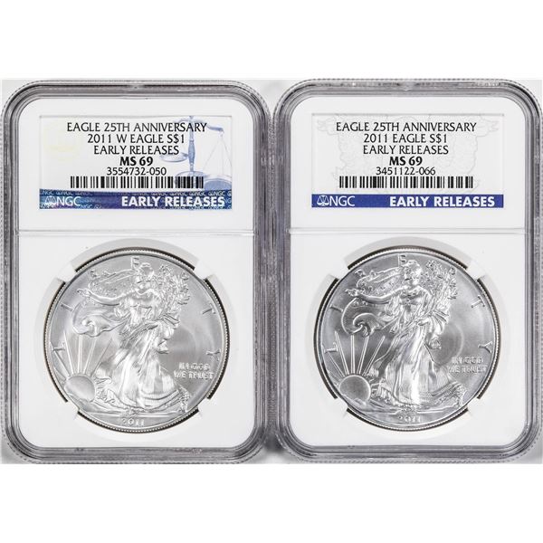 Lot of 2011-W Burnished & 2011 $1 American Silver Eagle Coins NGC MS69 Early Releases