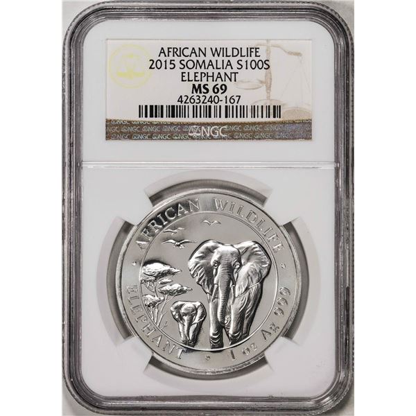 2015 Somalia 100 Shillings African Wildlife Elephant Silver Coin NGC MS69