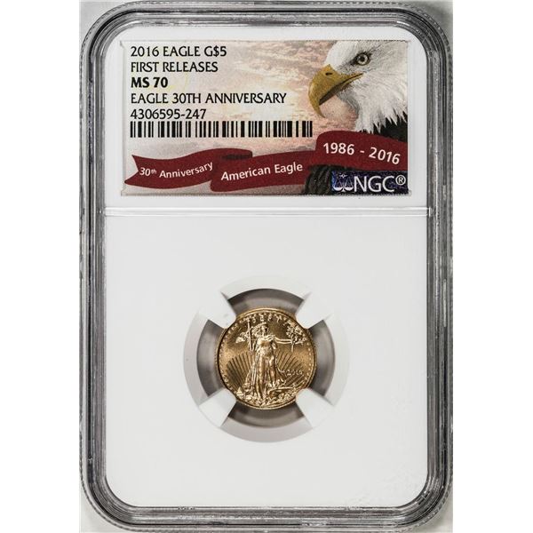 2016 $5 American Gold Eagle Coin NGC MS70 First Releases 30th Anniversary