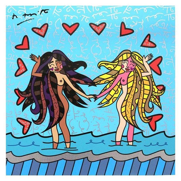 Romero Britto "Gemini Girls (Black & White)" Limited Edition Giclee On Canvas