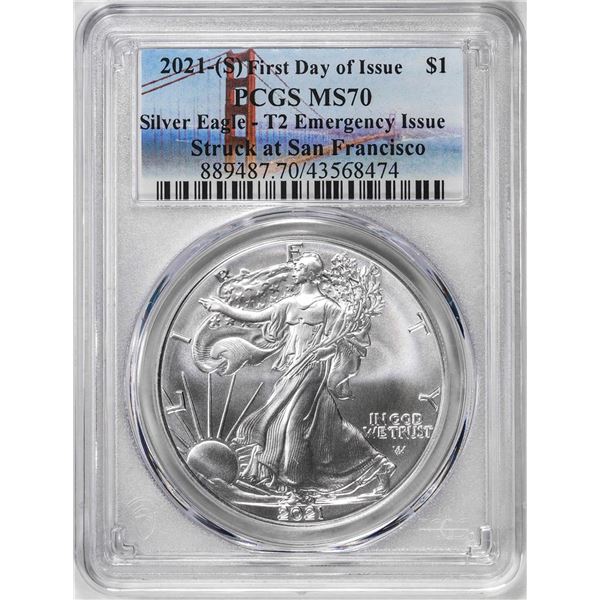 2021-(S) Type 2 $1 American Silver Eagle Coin PCGS MS70 First Day of Issue Emergency