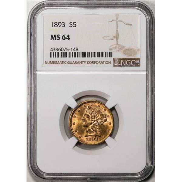 1893 $5 Liberty Head Half Eagle Gold Coin NGC MS64