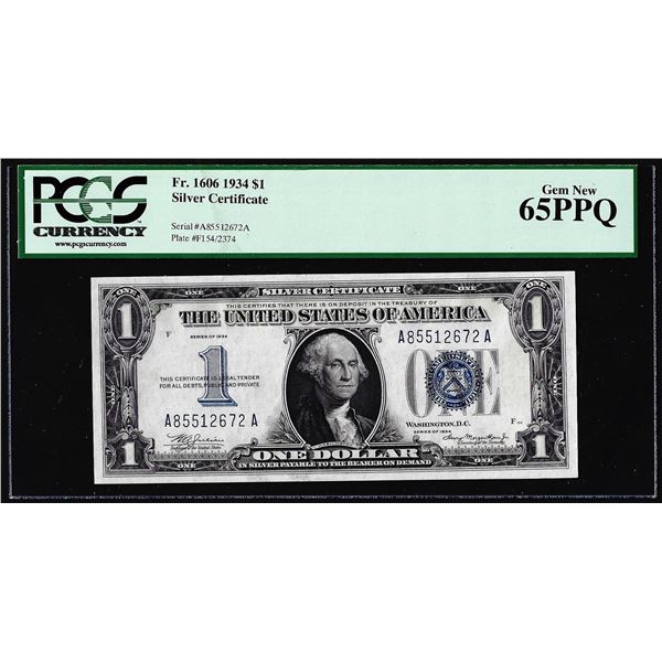 1934 $1 Funnyback Silver Certificate Note Fr.1606 PCGS Gem New 65PPQ