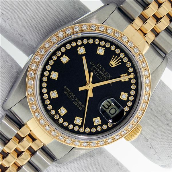 Rolex Men's Two Tone Black String VS Diamond Datejust Wristwatch