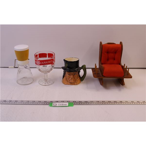 (2) Vintage Glass Wear, Ceramic Mug and Sewing Misc.