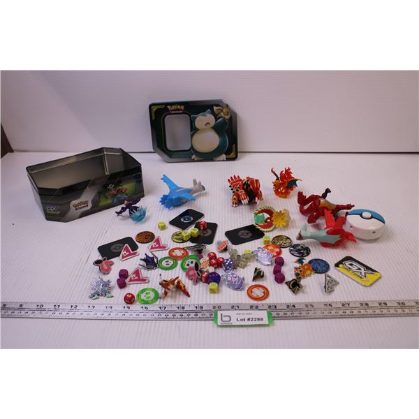 Pokemon Tin w/ Pokemon Badges, Pokemon Toys, and Game Pieces