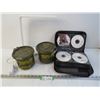 Image 1 : Cloth Case of DVDs (half full?) - (2) Reusable Military Preserving Drums - Desk Lamp