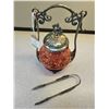 Image 2 : Vintage pickle caster and tongs with cranberry glass (cracked)