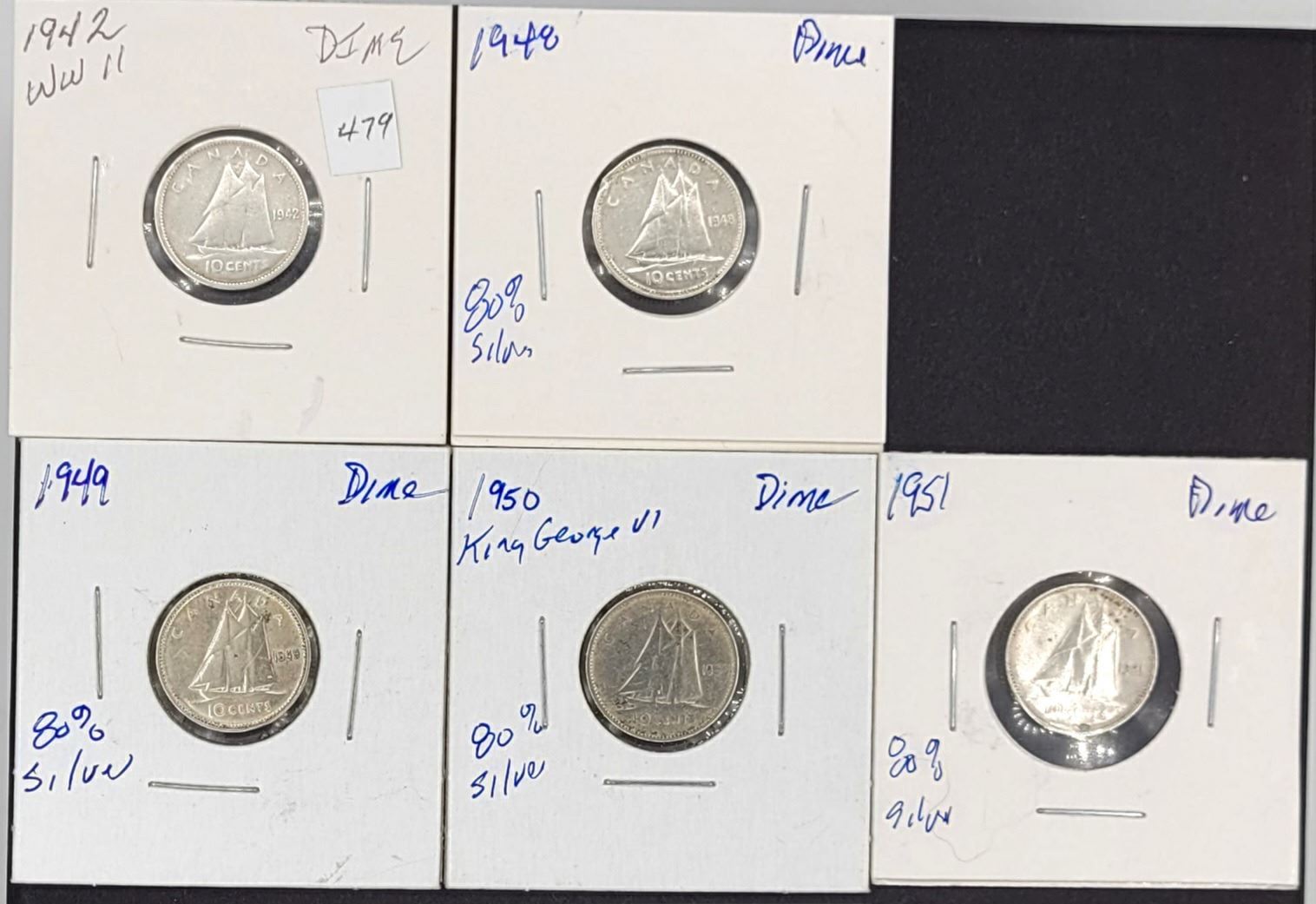 5 Dimes 1942 W.W.II 1948 (422,741) Rare key Date, 1949, 1950, 1951 look ...