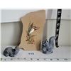 Image 1 : Signed sandstone humming bird painting plus 2 wolf original carvings.