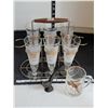 Image 1 : Mid century modern footed barware caddy set. Features sportsman frosted, gold game birds, also mug &