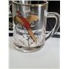 Image 2 : Mid century modern footed barware caddy set. Features sportsman frosted, gold game birds, also mug &