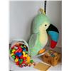 Image 1 : Toy lot. 1970's plush parrot, Wood box of blocks, wooden cars & tub of large building blocks.