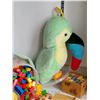Image 4 : Toy lot. 1970's plush parrot, Wood box of blocks, wooden cars & tub of large building blocks.