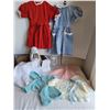 Image 1 : Vintage knit/ sewn, baby/ child clothing, glass baby bottles & basket.