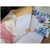 Image 2 : Group of vintage linens in a basket & a table top ironing board.