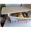 Image 8 : Group of vintage linens in a basket & a table top ironing board.