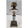 Image 6 : Antique coal oil lamp 30.5” (78 cm) tall with chimney. 2 cracks in blue shade. Used for display only