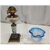 Image 7 : Antique coal oil lamp 30.5” (78 cm) tall with chimney. 2 cracks in blue shade. Used for display only