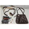 Image 1 : 1-brown leather handbag/side pocket, fair condition; 1-unused “Cancun” shoulder purse; 3 seldom used