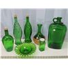 7 Green Glass items: 2 fish decanters, 1 decanter, 1 pouring jar, candy plate, vase, bottle.