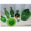Image 2 : 7 Green Glass items: 2 fish decanters, 1 decanter, 1 pouring jar, candy plate, vase, bottle.