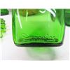 Image 4 : 7 Green Glass items: 2 fish decanters, 1 decanter, 1 pouring jar, candy plate, vase, bottle.