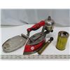 Image 1 : Antique Coleman gas Iron (red - Model 4-A) with fuel measuring can & air pump & Trivet