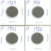 Image 1 : 1929, 2x 1931 and 1932 Canadian 5 Cent Coins