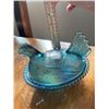 Image 1 : Indiana, blue, vintage, carnival glass hen on nest- has damage to nest, that was glued, to repair