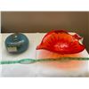 Image 1 : 2 Art glass pieces- Halling Glass, signed art glass bowl, from Norway, and heavy, orange glass piece