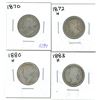 Image 1 : 1870, 1872H, 1880H, 1883H Canadian Silver Twenty-Five Cent Coins (4)