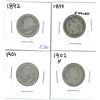 Image 1 : 1892, 1899, 1901, 1902H Canadian Silver Twenty-Five Cent Coins (4)