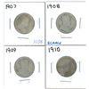 Image 1 : 1907, 1908, 1909, 1910 Canadian Silver Twenty-Five Cent Coins (4)