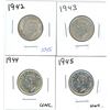 Image 1 : 1942, 1943, 1944, 1945 Canadian Silver Twenty-Five Cent Coins (4)