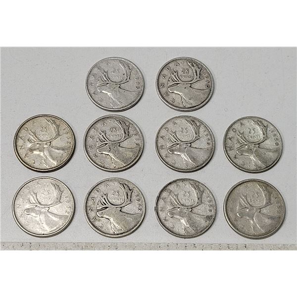 1948 10 King George Twenty-Five Cent Silver Coins in Bag