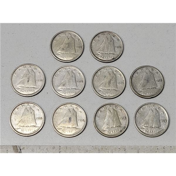 1938 Bag of 10 King George Silver Ten Cent Coins