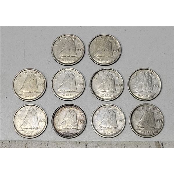 1938 Bag of 10 King George Silver Ten Cent Coins