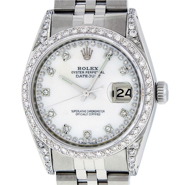 Rolex Mens Stainless Steel Mother Of Pearl Diamond Lugs Datejust Wristwatch