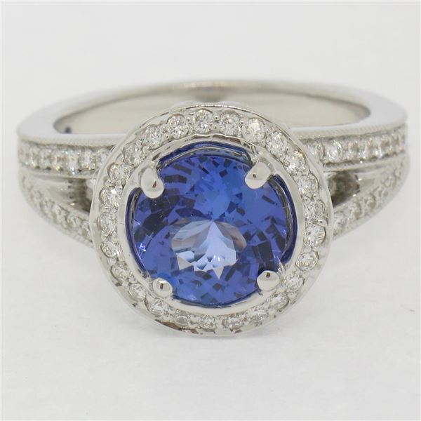 18k Gold 3.30 ctw Brilliant Tanzanite Solitaire w/ Diamond Halo Split Shank Ring