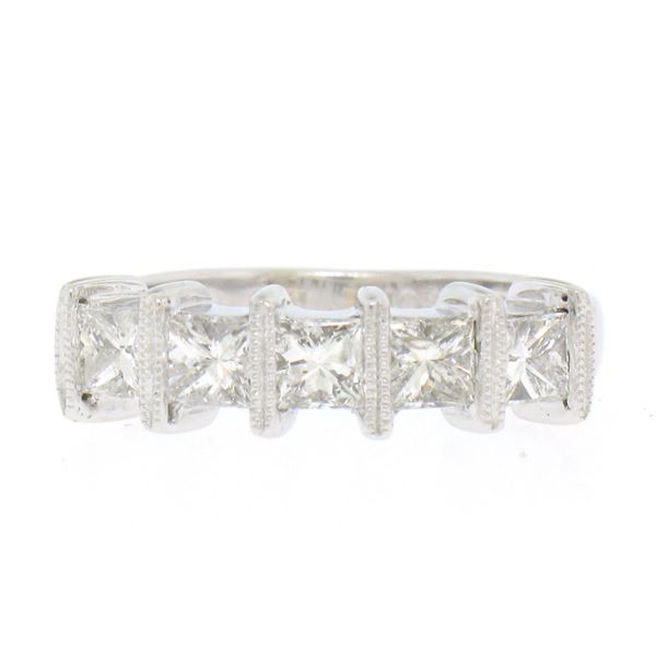 18k White Gold 1.25 ctw Large Bar Set Princess Diamond Milgrain Work Band Ring