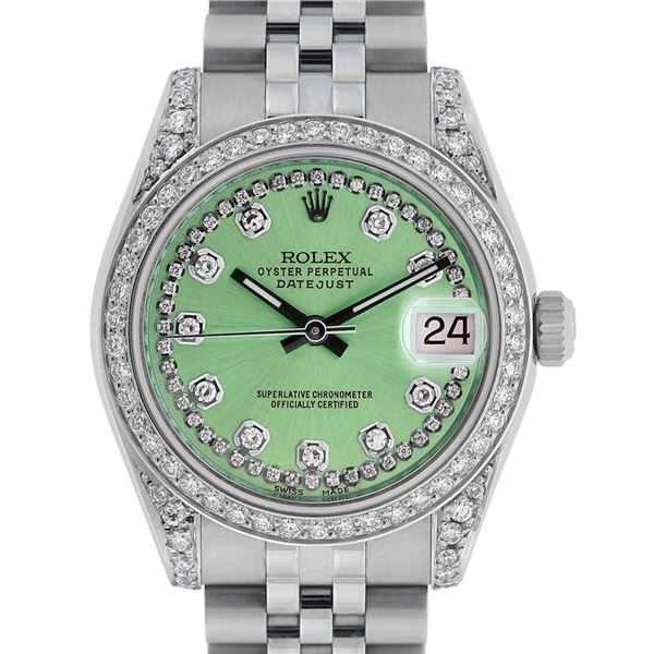 Rolex Womens Midsize 31mm Green String Diamond Datejust Wristwatch